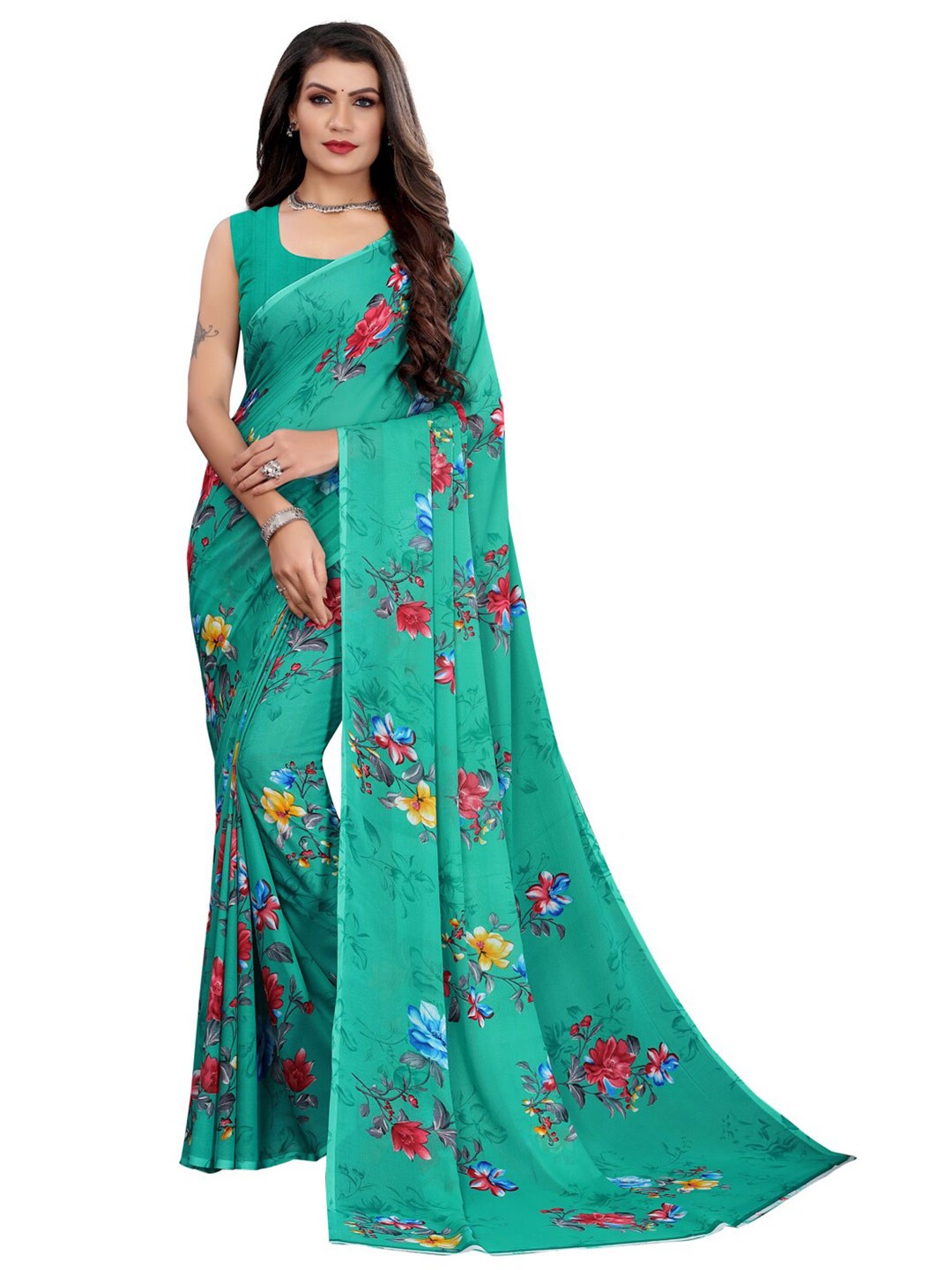 

KALINI Green & Red Floral Printed Saree