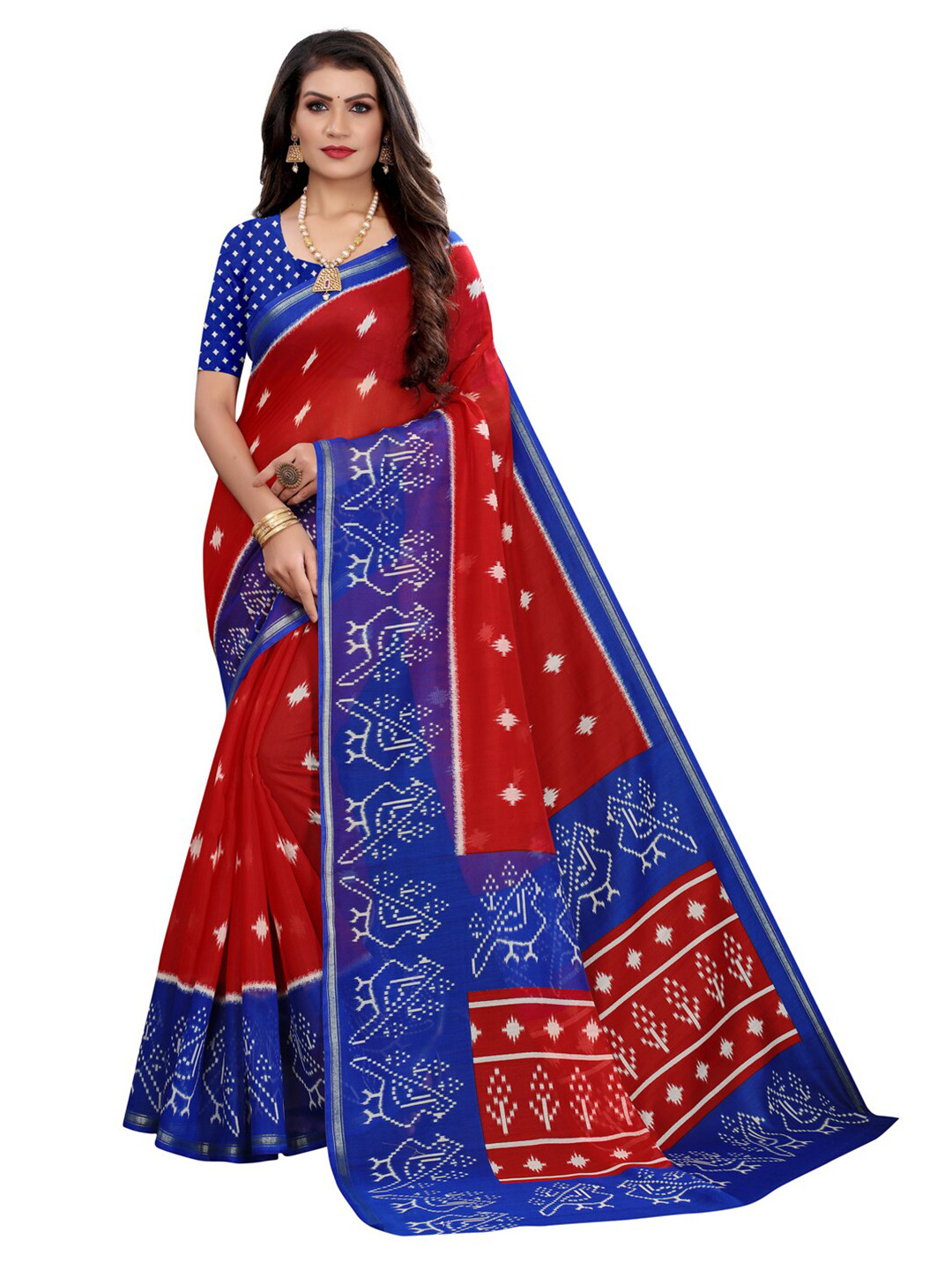 

KALINI Red & Blue Patola Printed Saree