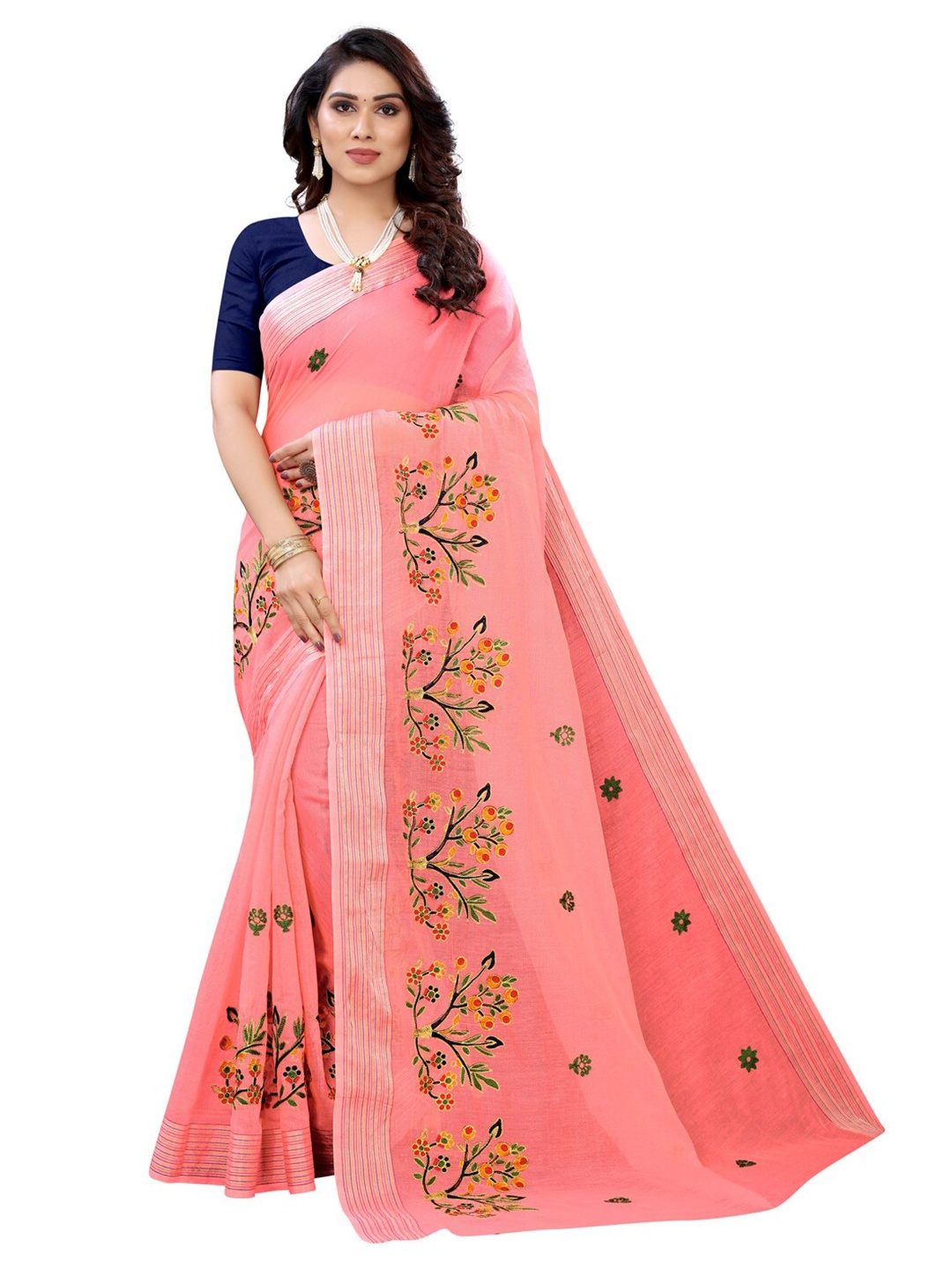 

KALINI Peach-Coloured & Navy Blue Floral Embroidered Saree