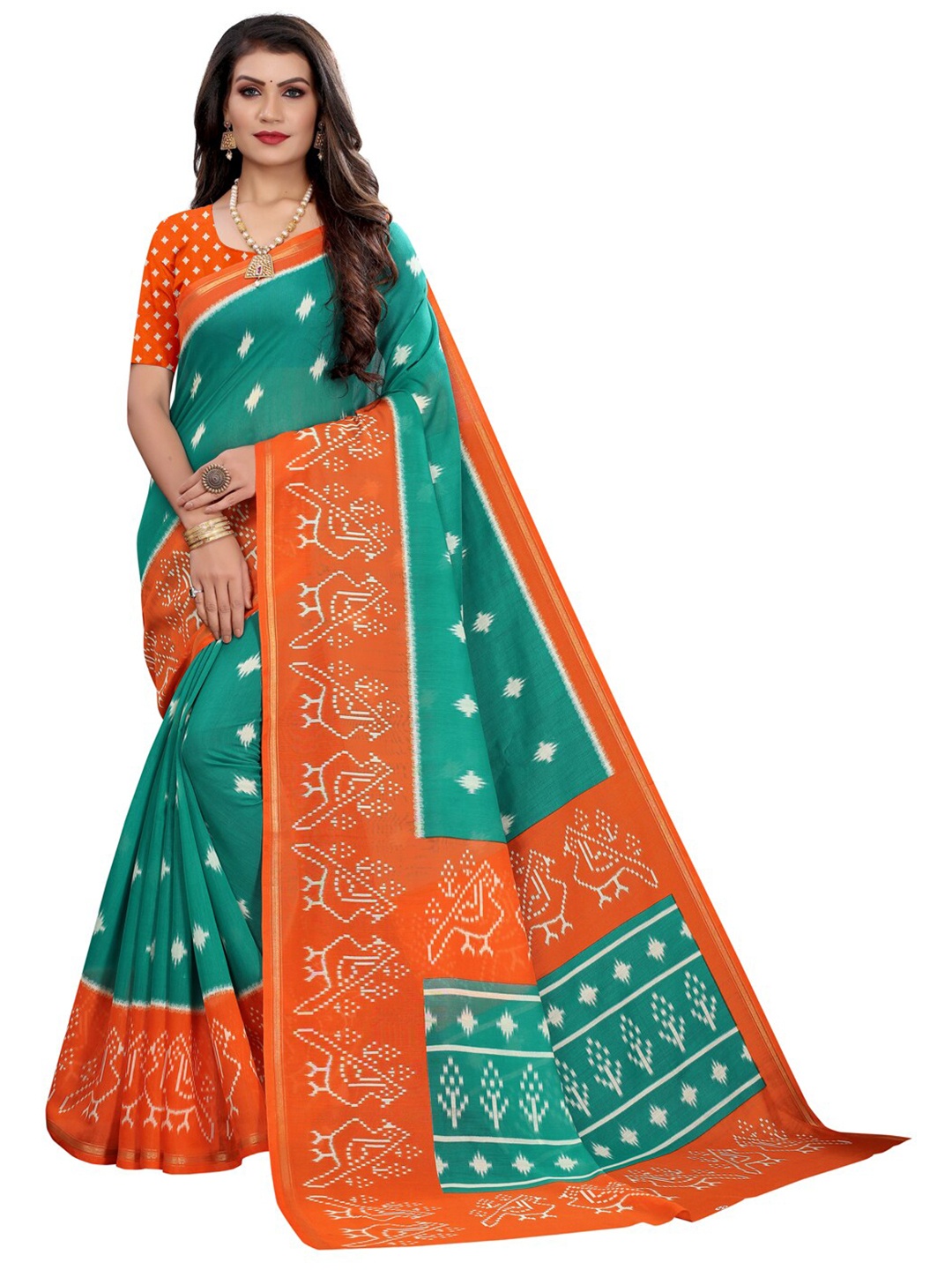 

KALINI Green & Orange Patola Printed Saree