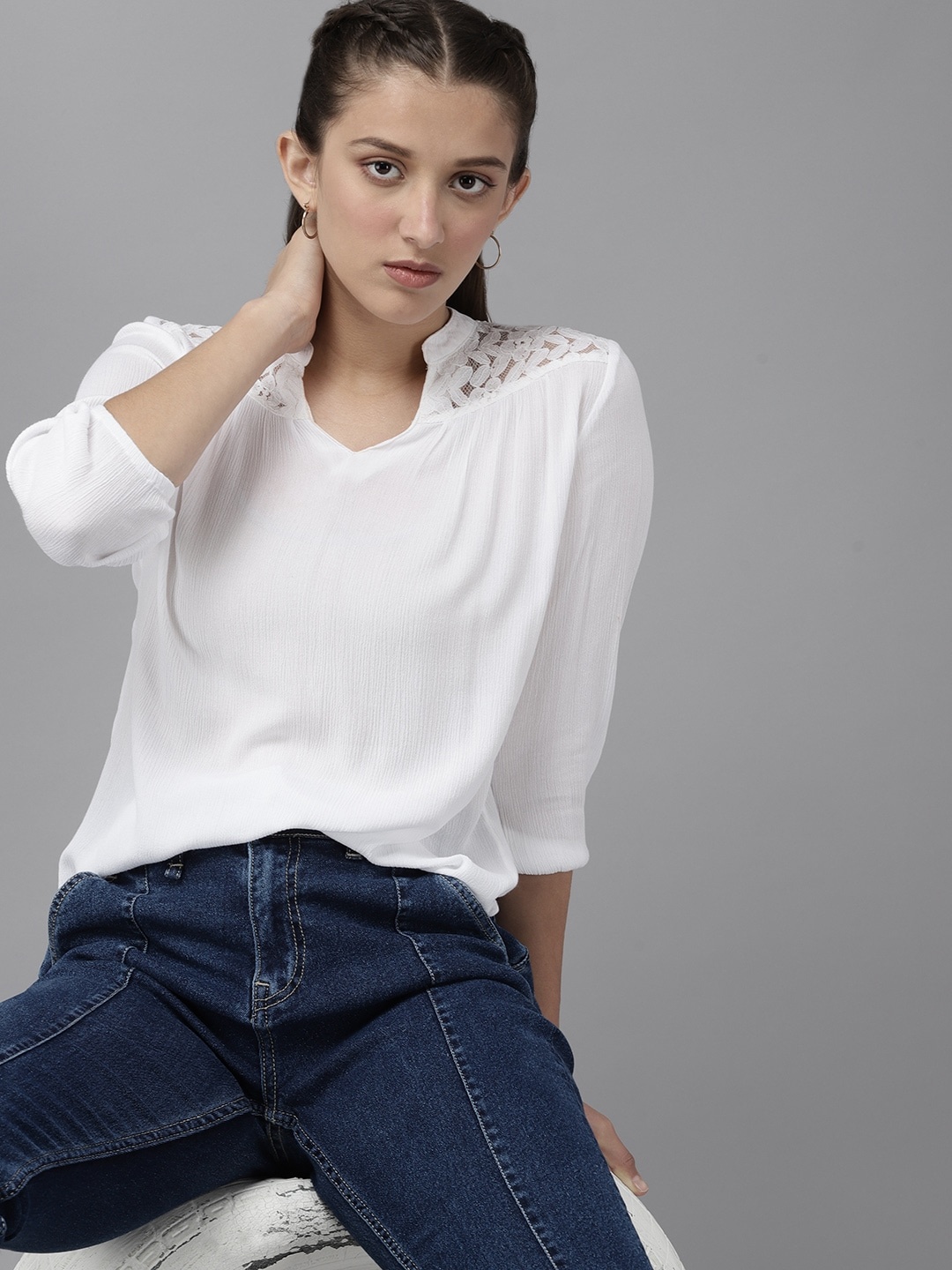 

UTH by Roadster White Solid Mandarin Collar Regular Top with Lace Inserts Detail