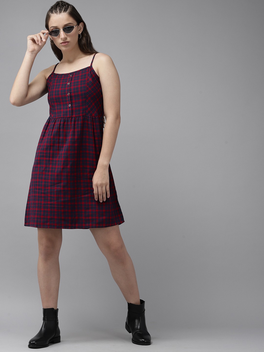 

UTH by Roadster Girls Navy Blue & Burgundy Pure Cotton Checked Fit & Flare Dress