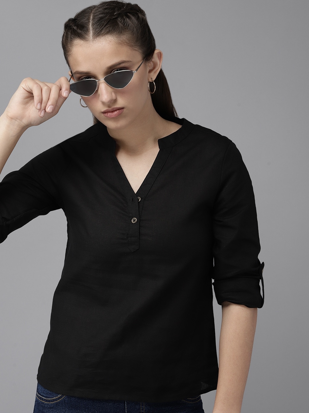 

UTH by Roadster Girls Black Solid Top with Roll-Up Sleeves