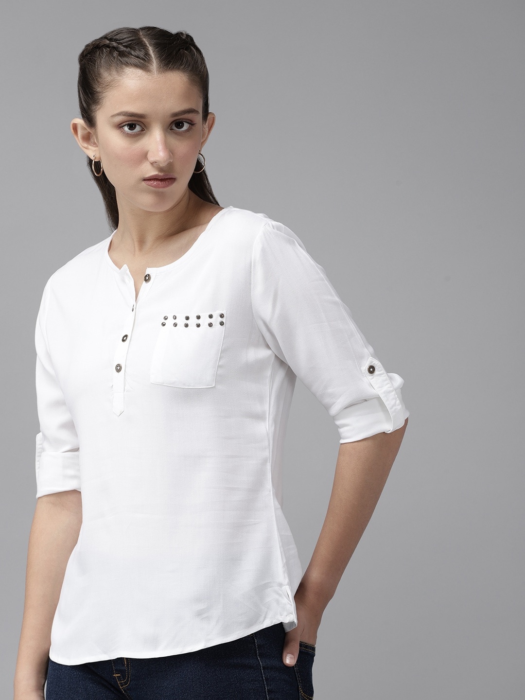 

UTH by Roadster Girls White Solid Regular Top with Metallic Detail Patch Pocket