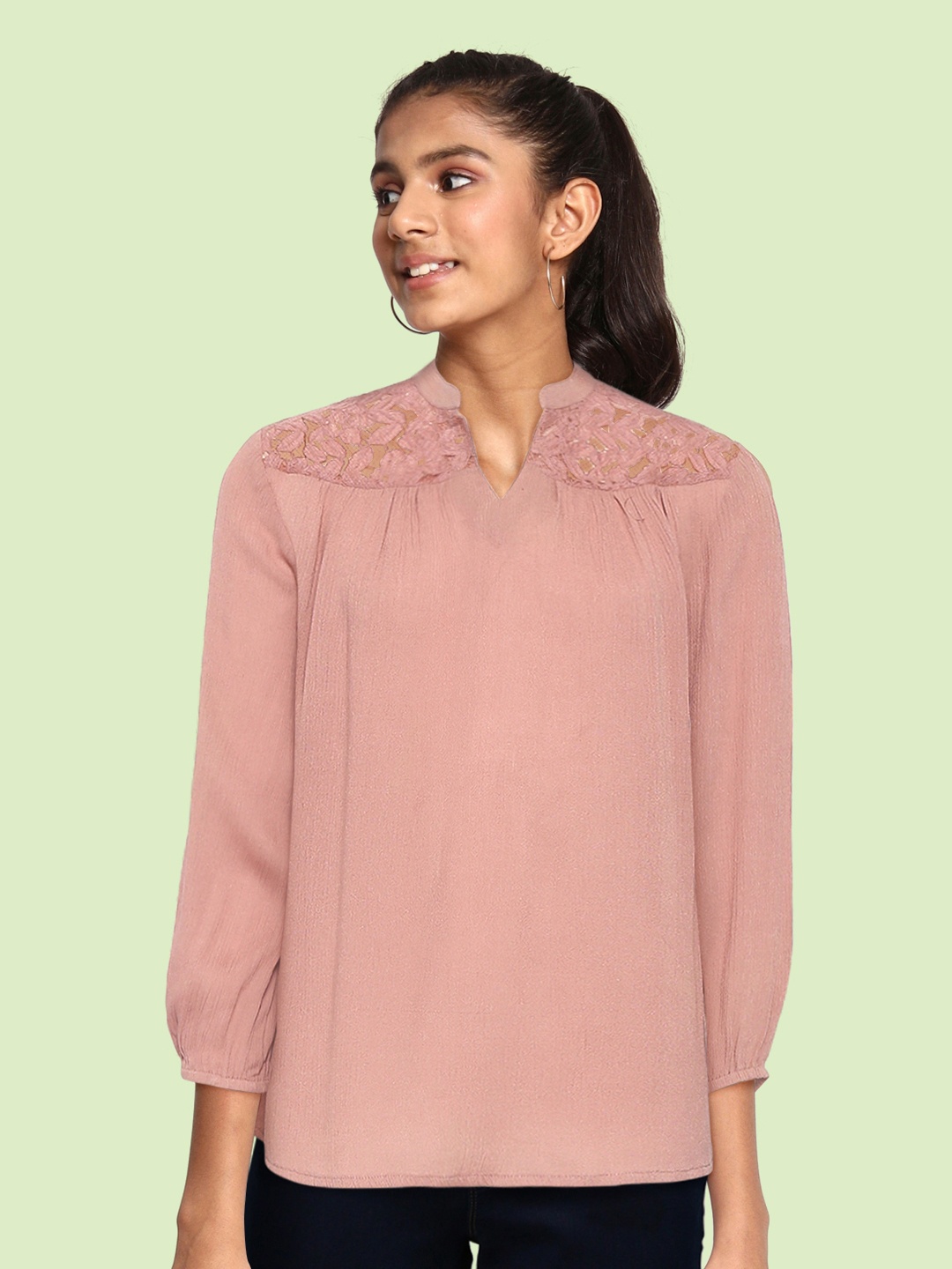 

UTH by Roadster Girls Dusty Pink Mandarin Collar Regular Top with Lace Inserts