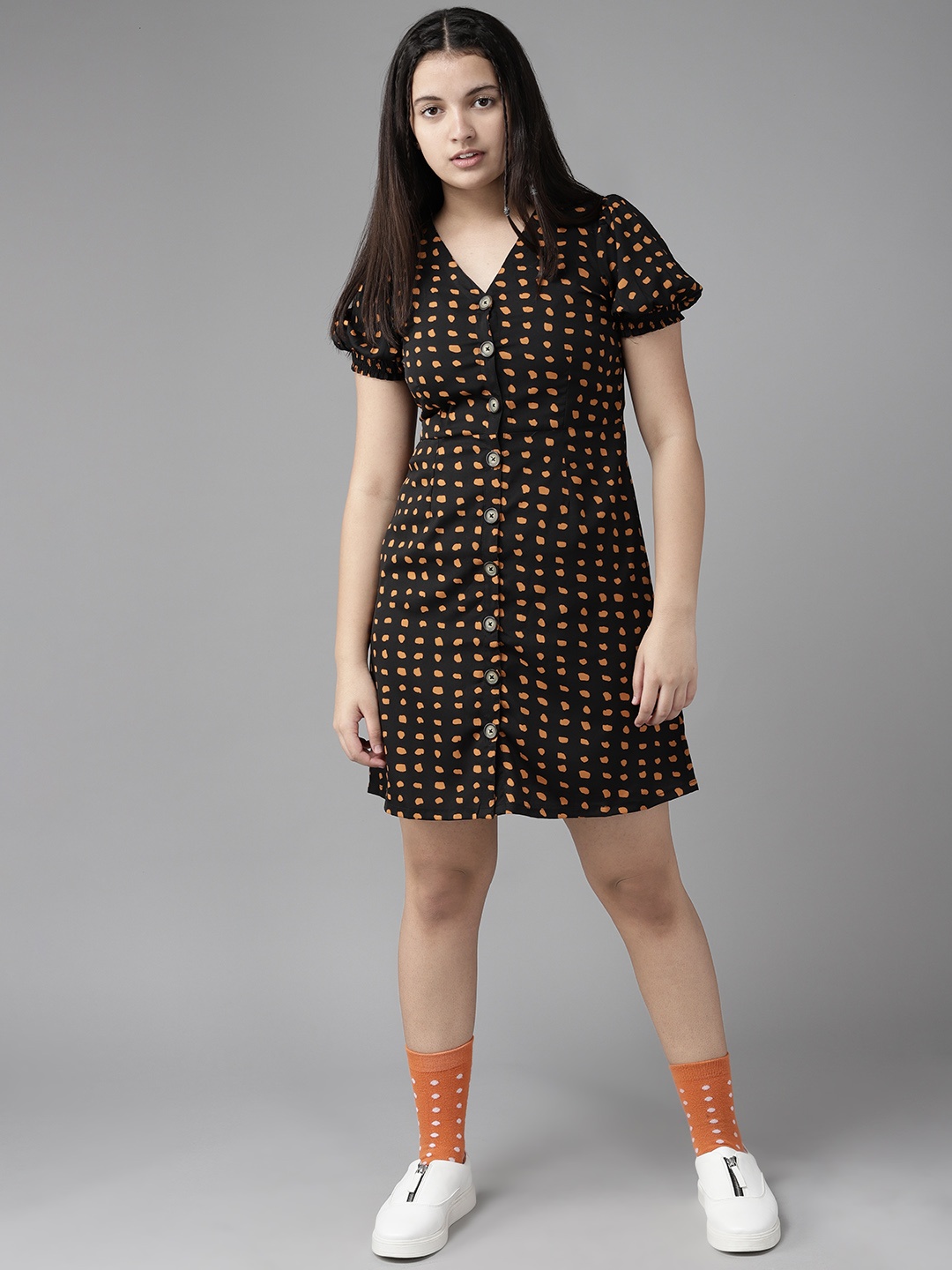 

UTH by Roadster Girls Black & Tan Brown Abstract Printed Sheath Dress
