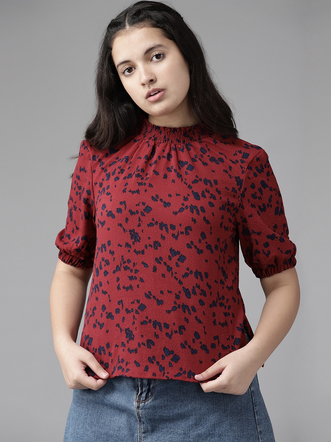 

UTH by Roadster Girls Maroon & Navy Blue Abstract Printed Top