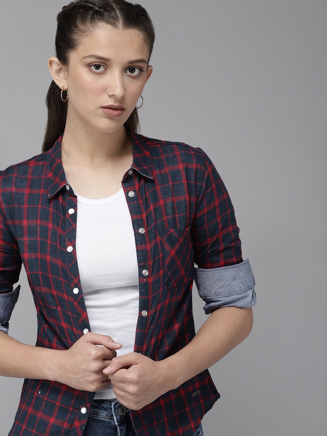 

UTH by Roadster Girls Blue & Red Reversible Pure Cotton Checked Casual Shirt
