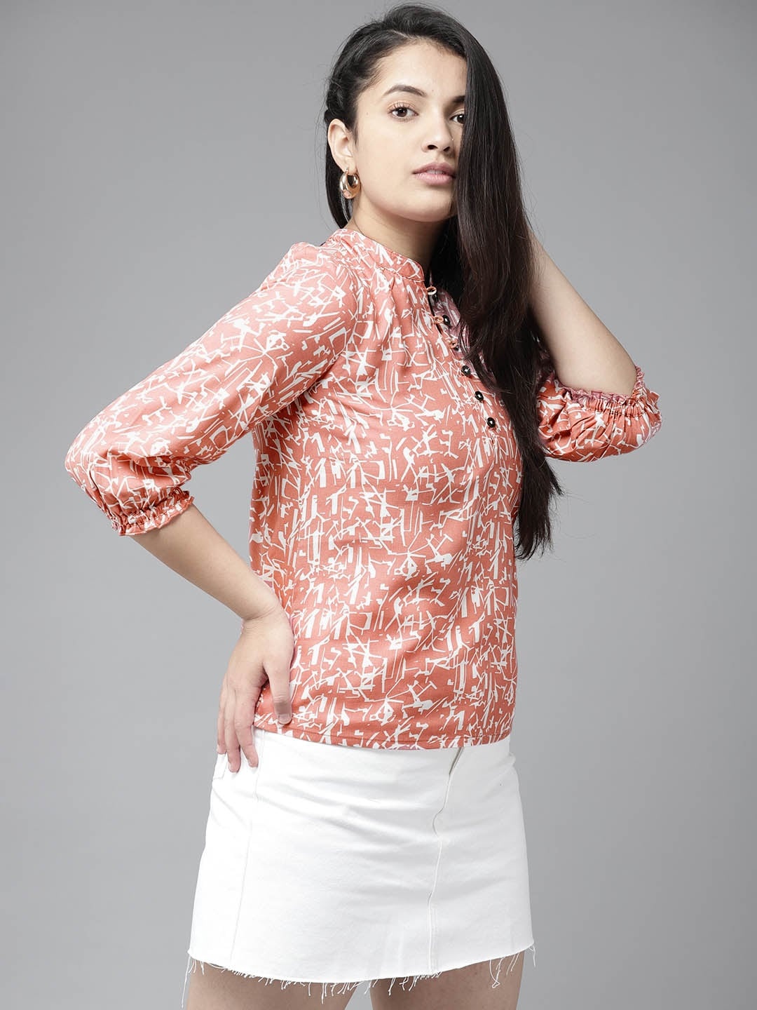 

UTH by Roadster Girls Pink & White Abstract Printed Mandarin Collar Shirt Style Top