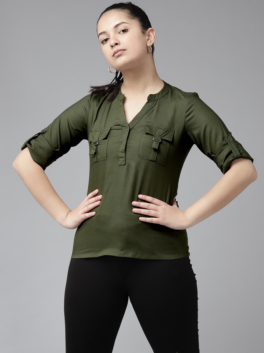 

UTH by Roadster Girls Olive Green Solid Mandarin Collar Roll-Up Sleeves Top