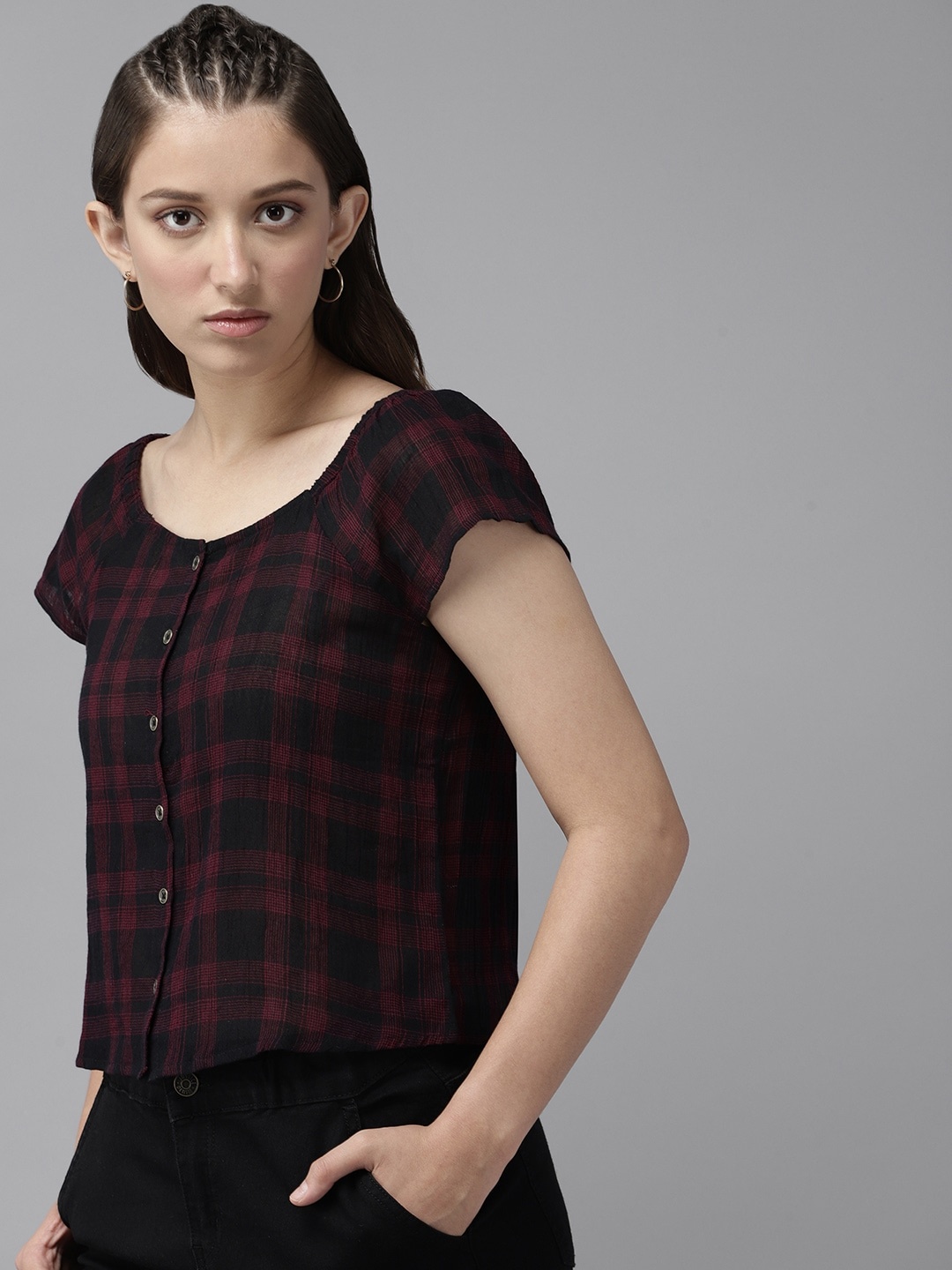 

UTH by Roadster Girls Black & Pink Cotton Semi-Sheer Checked Crop Bardot Top