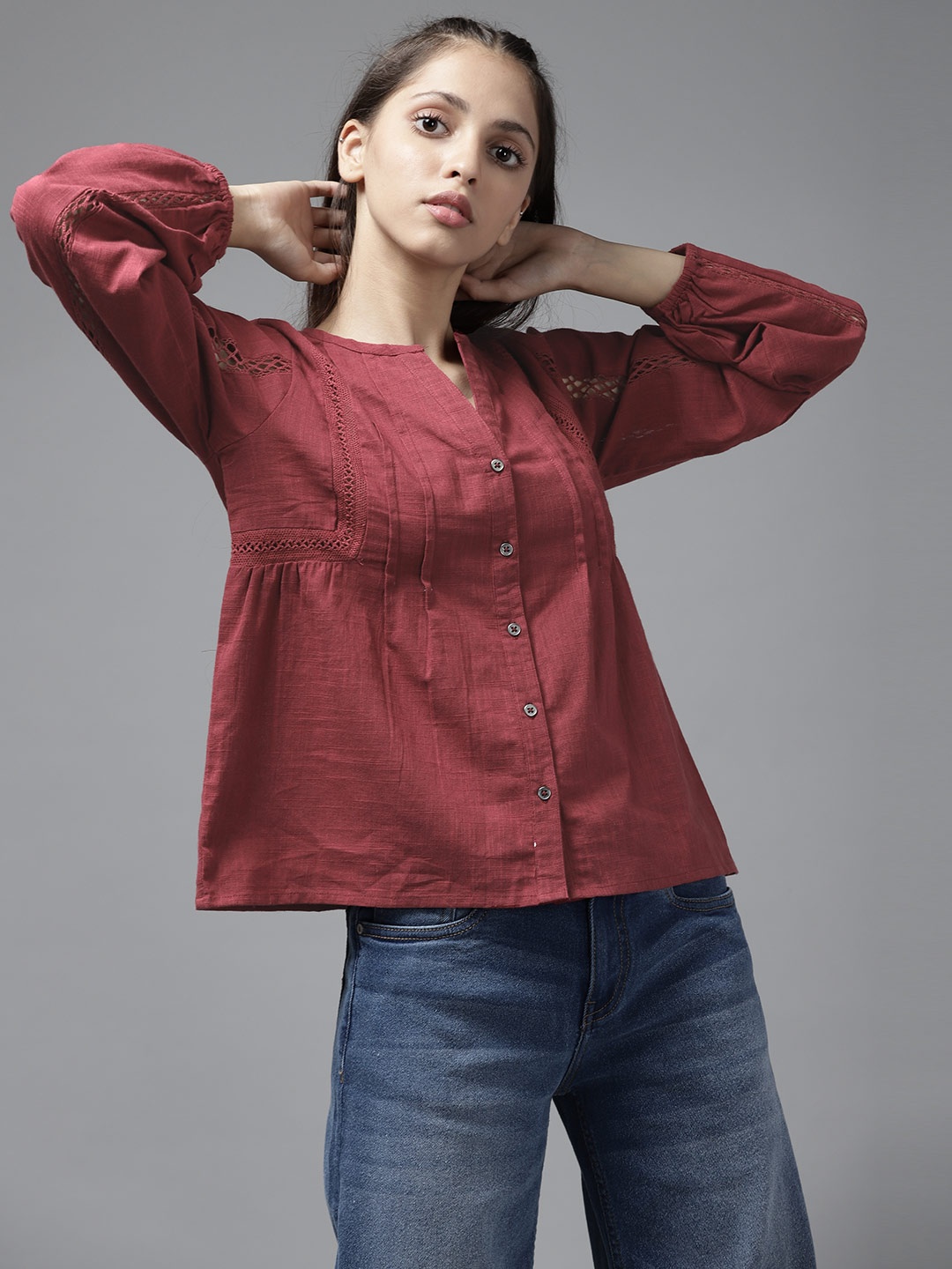 

UTH by Roadster Girls Burgundy Solid Lace Inserts Cotton A-Line Top