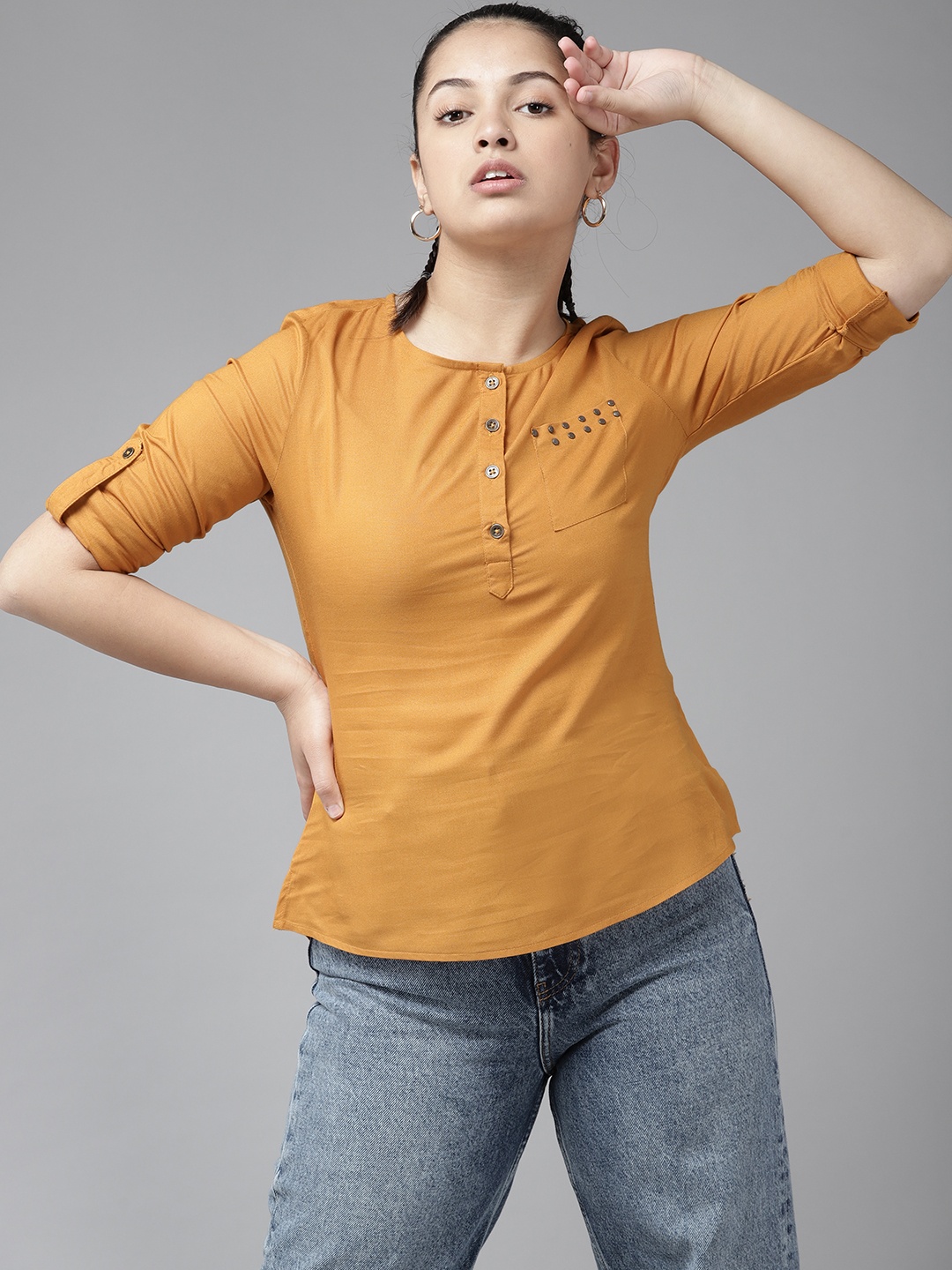 

UTH by Roadster Girls Mustard Yellow Solid Regular Top with Metallic Detail Patch Pocket