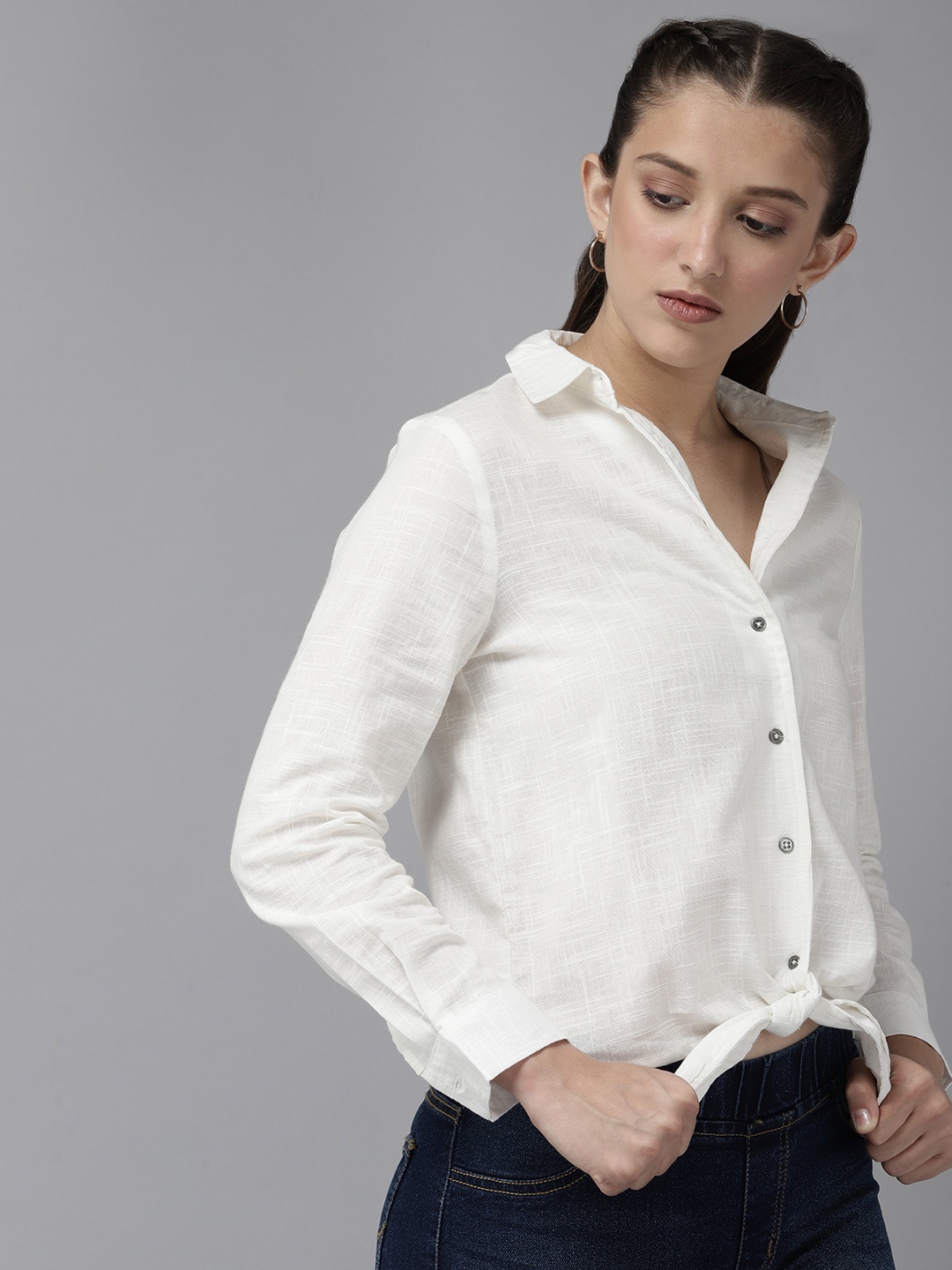

UTH by Roadster Girls White Cotton Self-Design Semi Sheer Casual Shirt with Tie-Up Detail