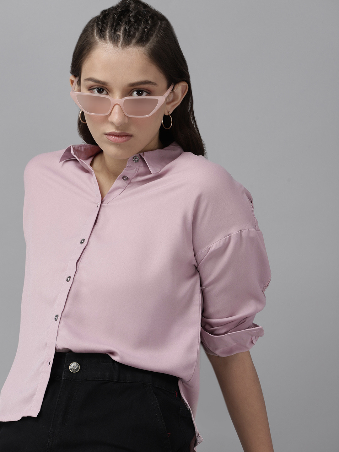 

UTH by Roadster Girls Pink Solid Opaque Casual Shirt with Lace Inserts Detail