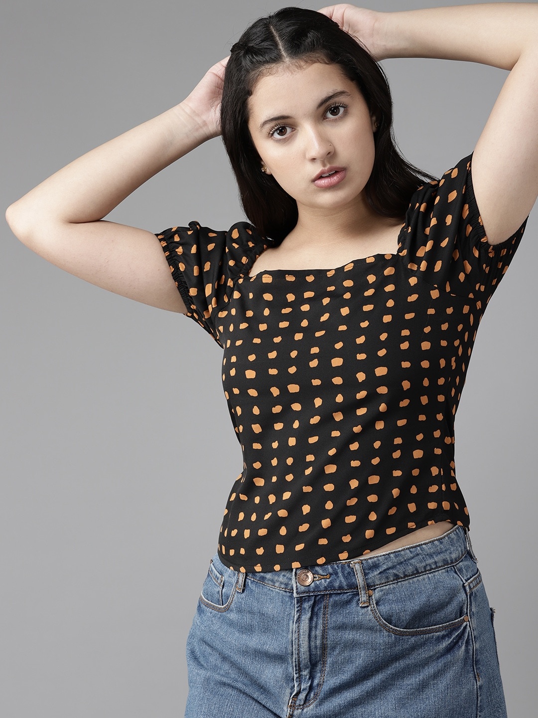 

UTH by Roadster Girls Black & Tan Brown Abstract Printed Regular Top