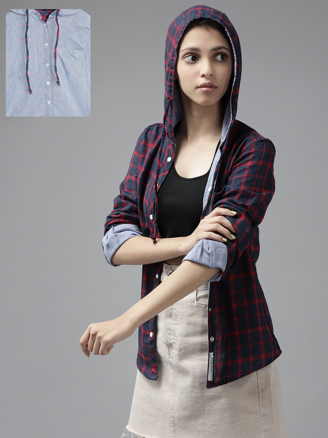 

UTH by Roadster Girls Blue & Red Reversible Checked Hooded Casual Shirt