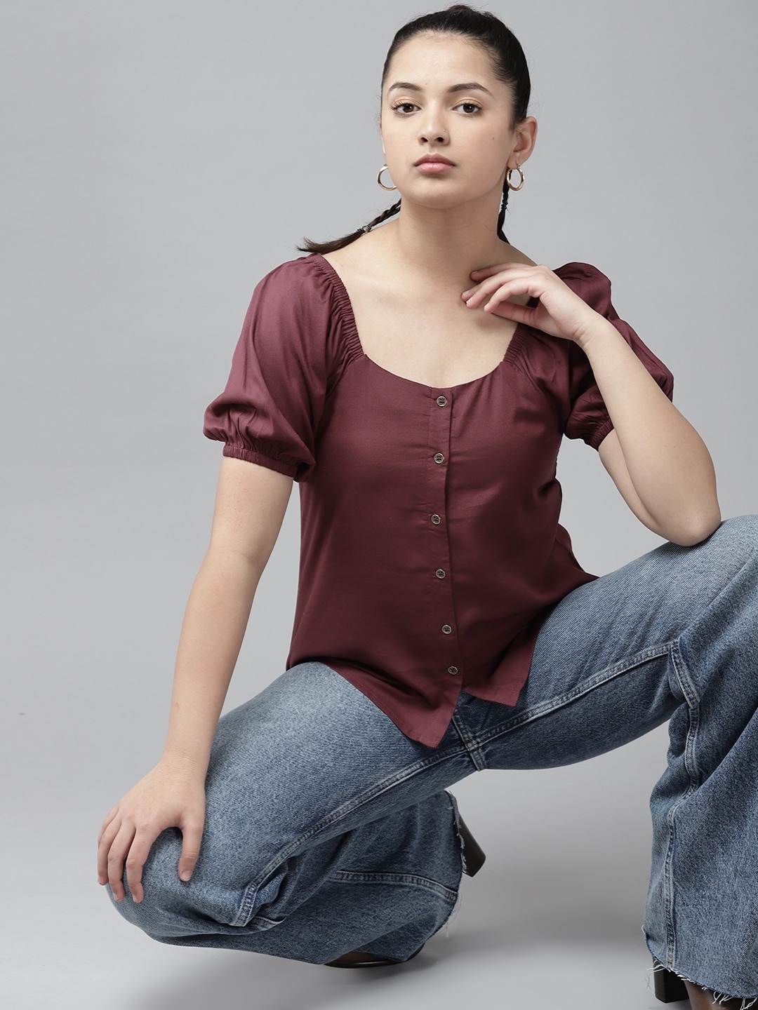 

UTH by Roadster Girls Burgundy Solid Off-Shoulder A-Line Top