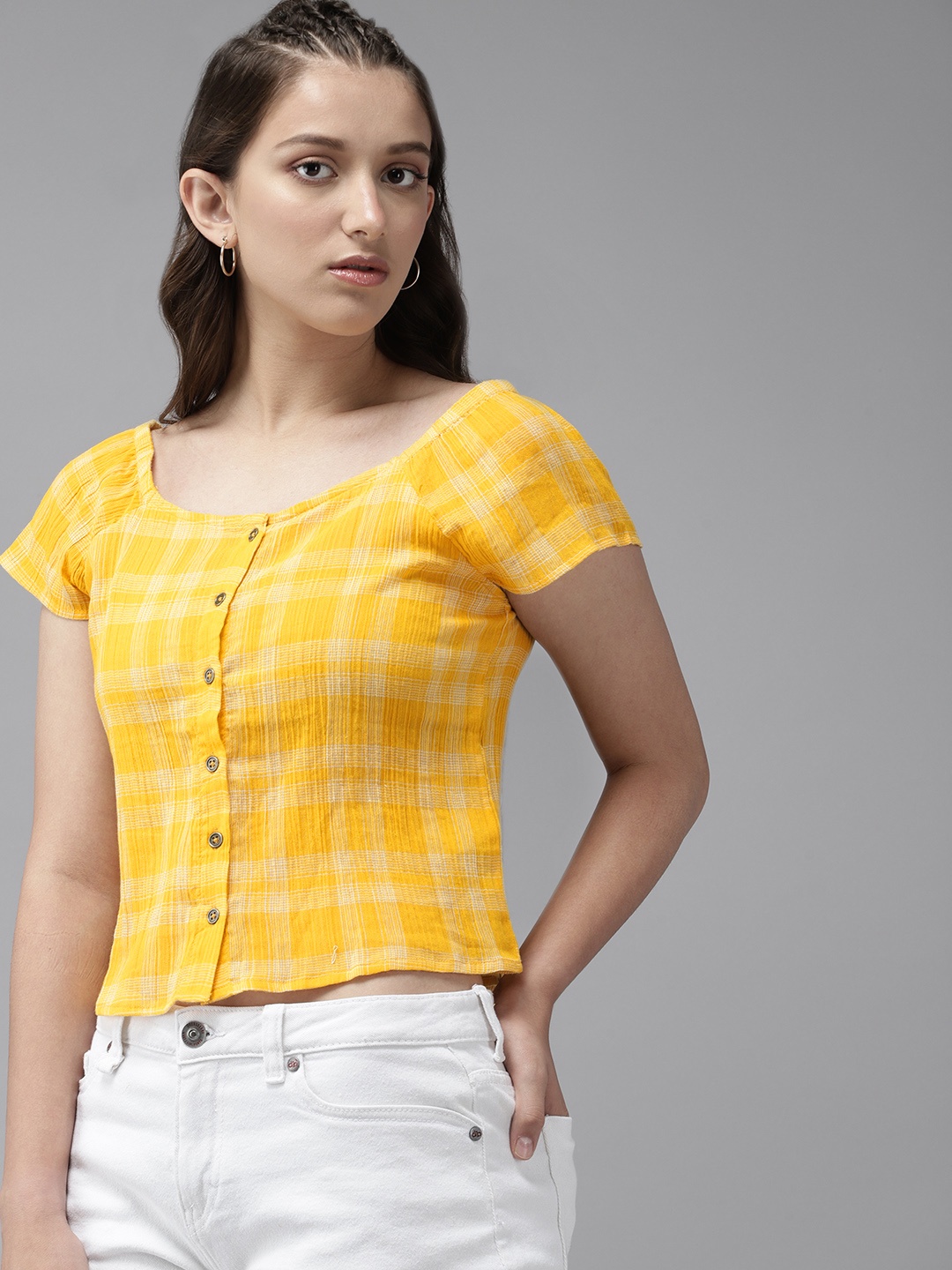 

UTH by Roadster Girls Yellow & White Cotton Checked Regular Top