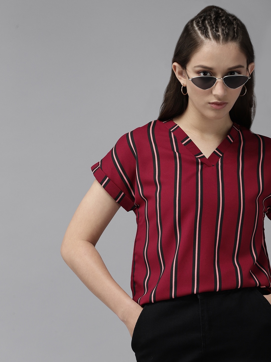 

UTH by Roadster Girls Maroon & Black Striped Extended Sleeves Regular Top