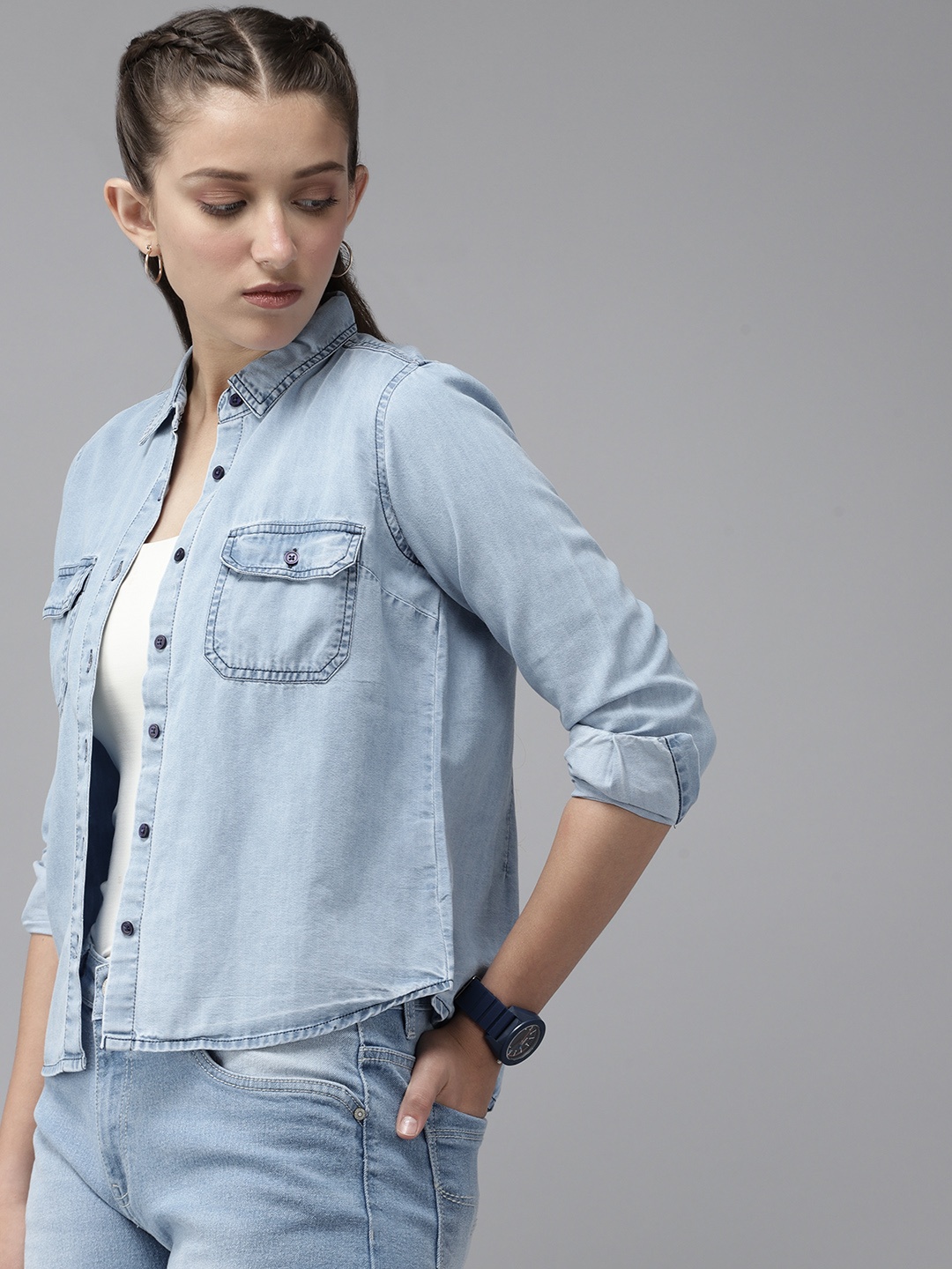 

UTH by Roadster Girls Blue Cotton Denim Faded Casual Shirt