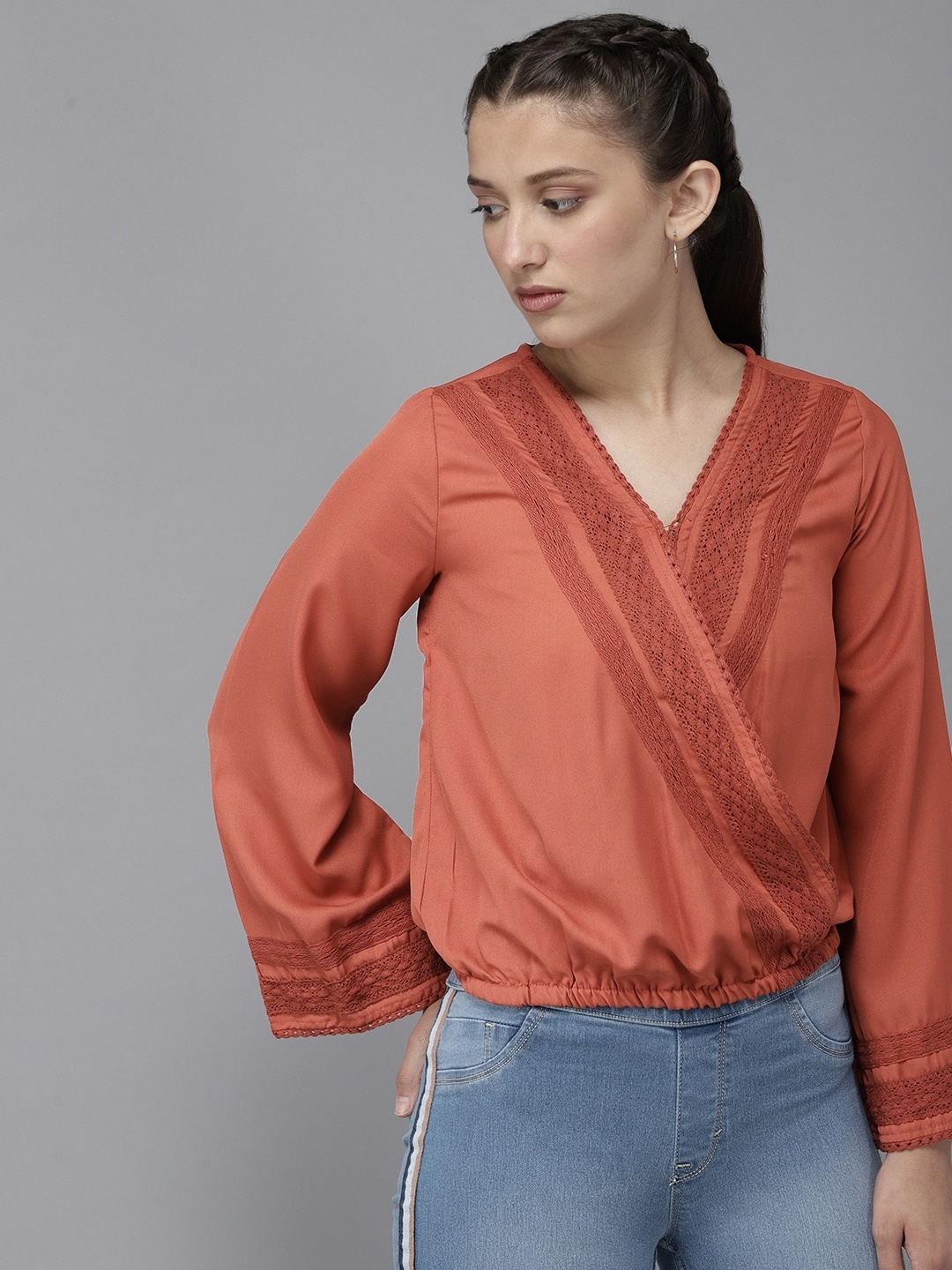 

UTH by Roadster Girls Rust Orange Solid Blouson Top with Lace-Ups