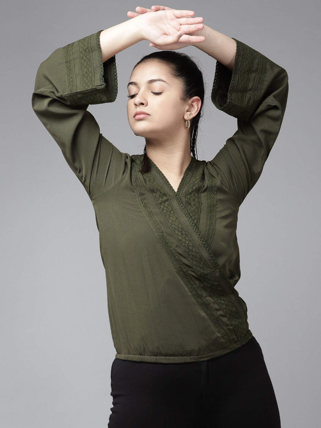 

UTH by Roadster Girls Olive Green Solid Blouson Top with Lace-Ups