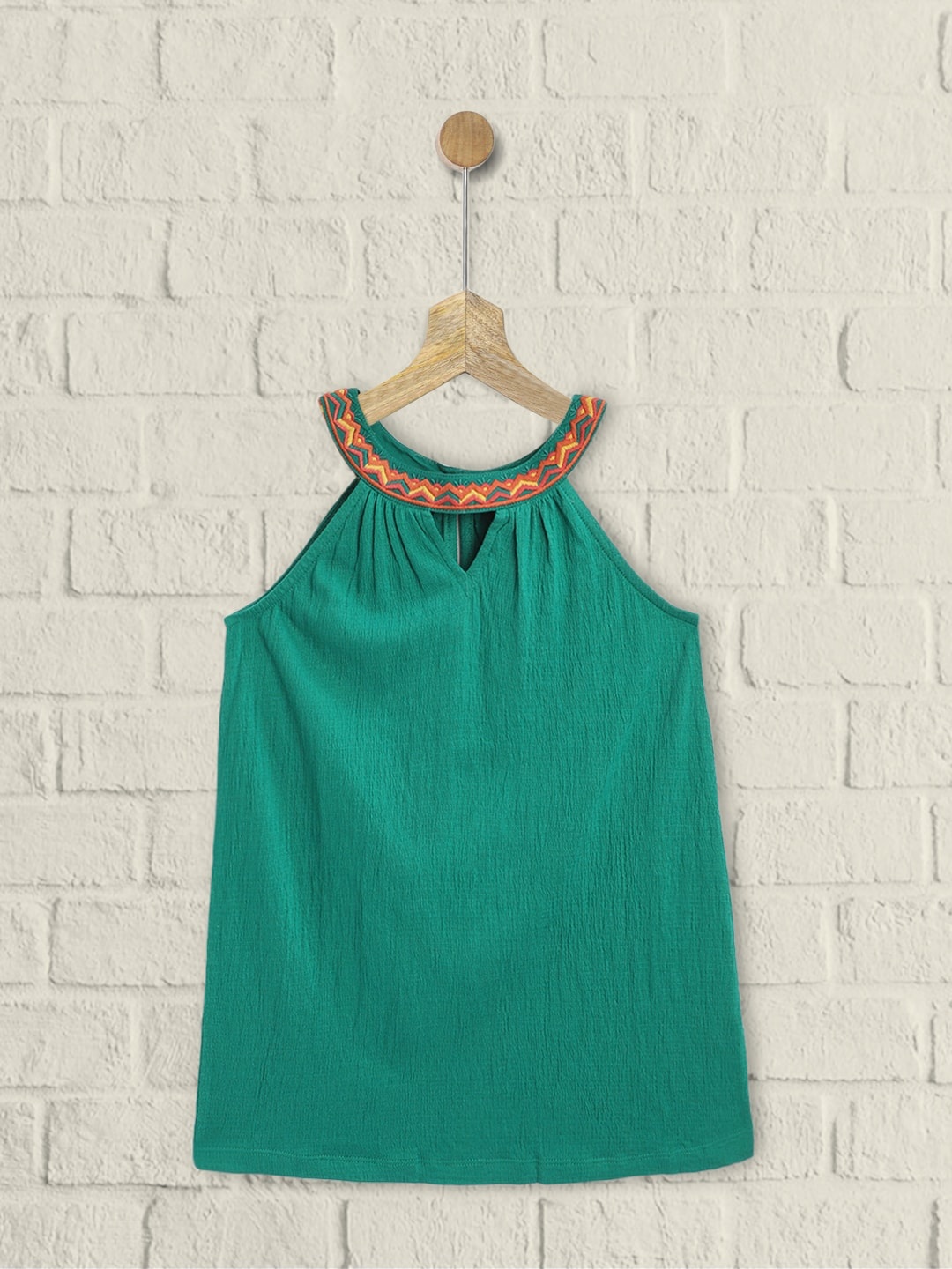 

UTH by Roadster Girls Green Crinkled Cotton Regular Top with Cut-Out & Embroidered Detail