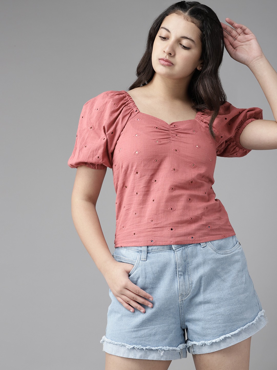 

UTH by Roadster Girls Dusty Pink Pure Cotton Schiffli Embroidered Regular Top