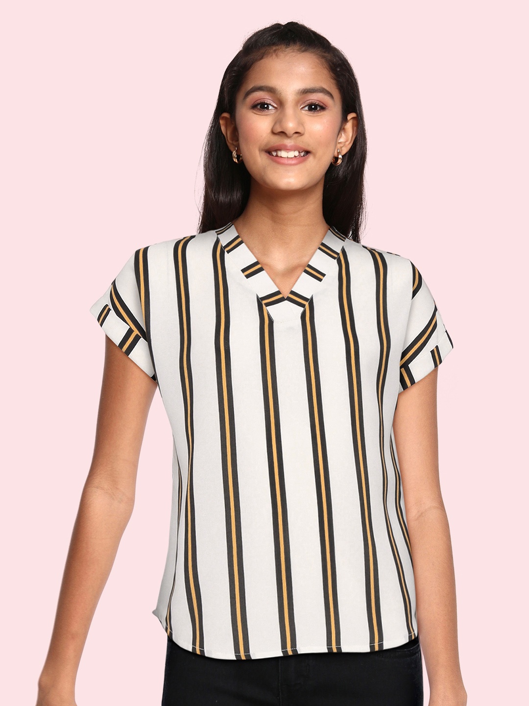 

UTH by Roadster Girls White & Black Striped Extended Sleeves Regular Top