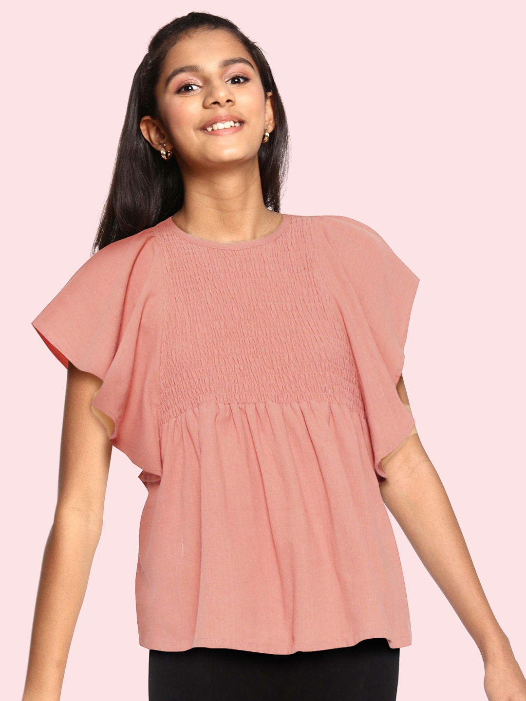 

UTH by Roadster Girls Pink Cotton Solid Flutter Sleeves Smocked A-Line Top