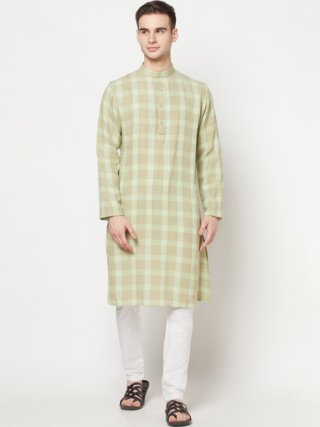 

Purple State Men Green & Brown Checked Kurta