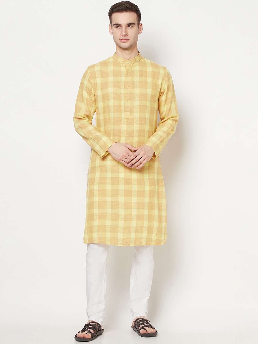 

Purple State Men Yellow & Nude-Coloured Checked Straight Kurta