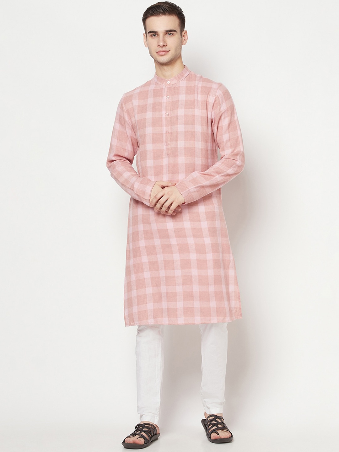 

Purple State Men Pink & White Checked Kurta