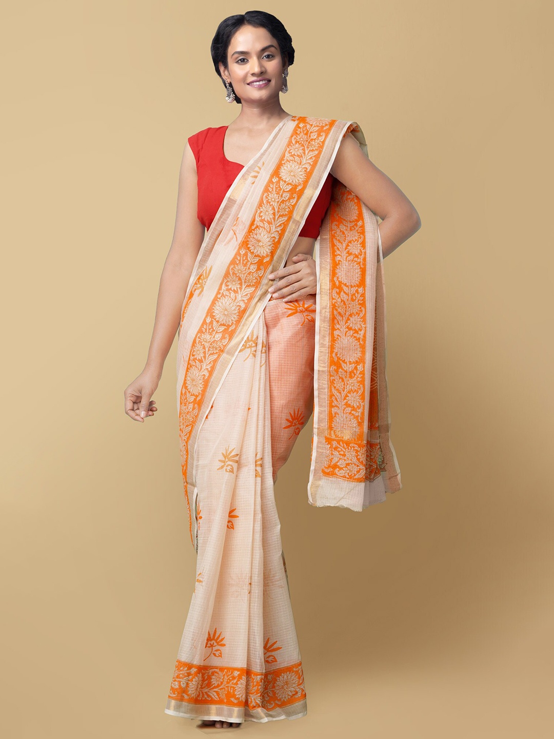 

Unnati Silks Cream-Coloured & Orange Floral Pure Cotton Handloom Sustainable Kota Saree