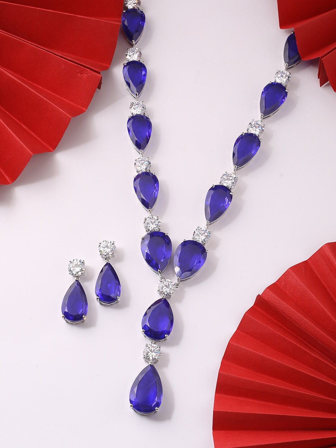 

Tistabene Blue & White Stone-Studded Rhodium Plated Designer Necklace Set