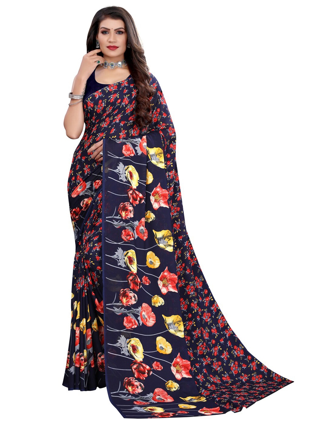 

KALINI Navy Blue & Multicoloured Floral Printed Saree