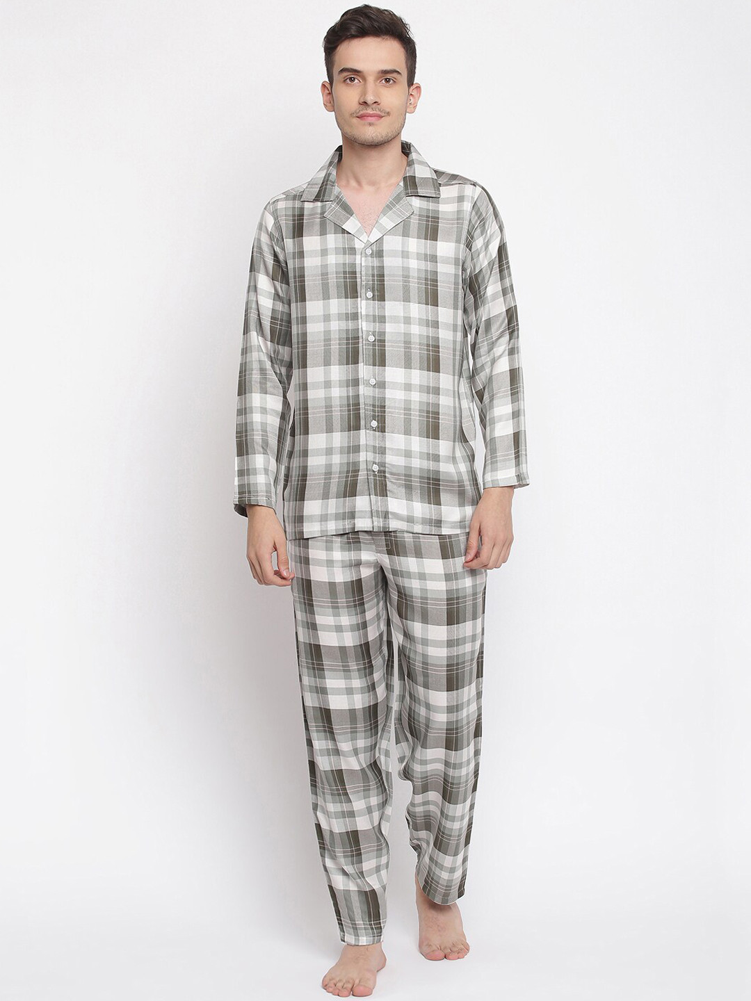 

La Intimo Men Green Olive Checked Nightsuit Set, Grey