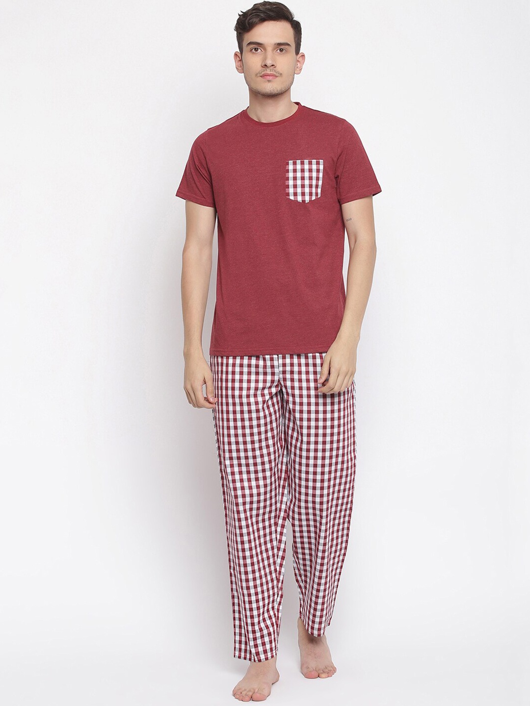 

La Intimo Men Maroon & White Checked Night suit