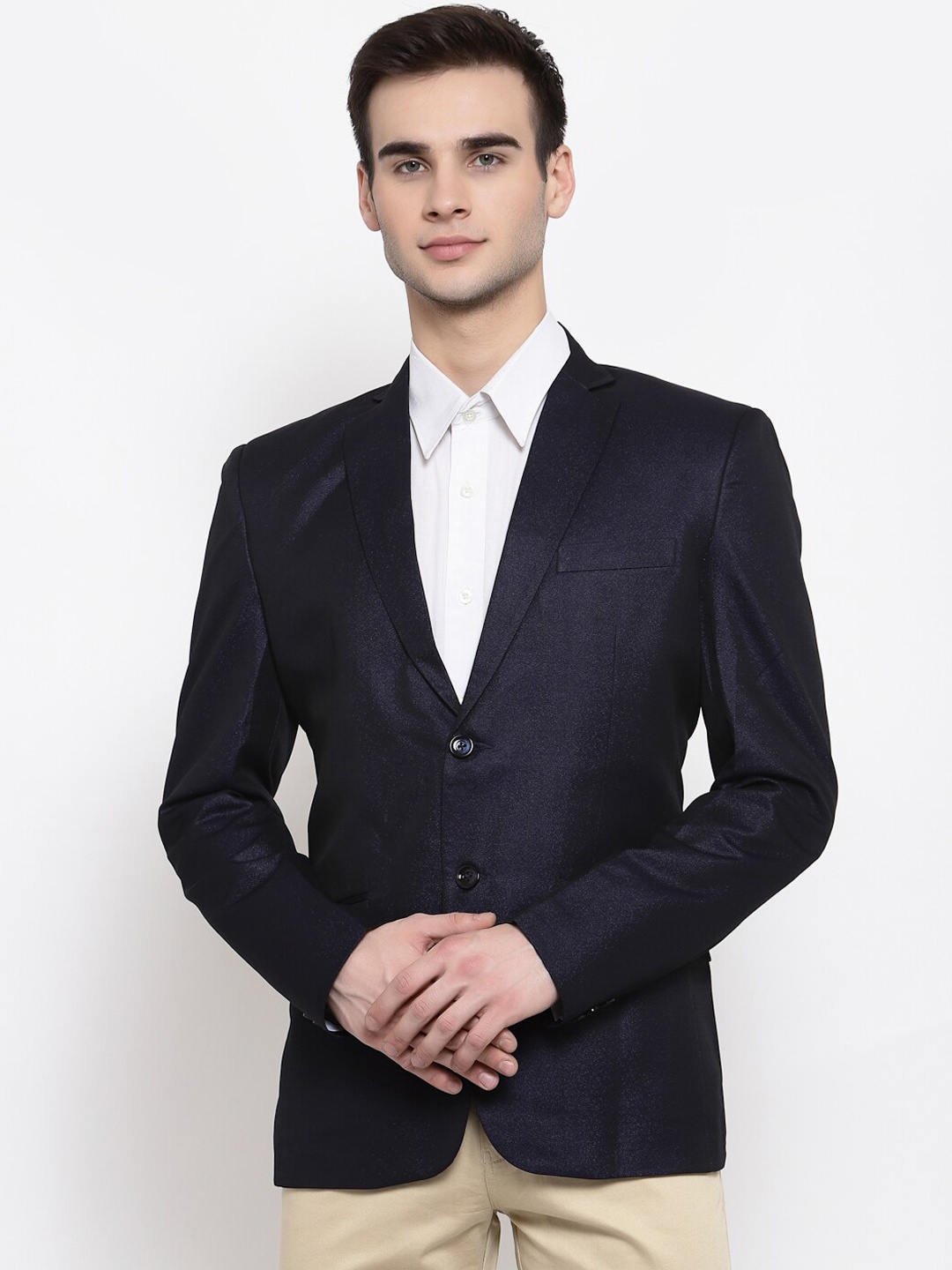 

Wintage Men Navy Blue Solid Single-Breasted Formal Blazer