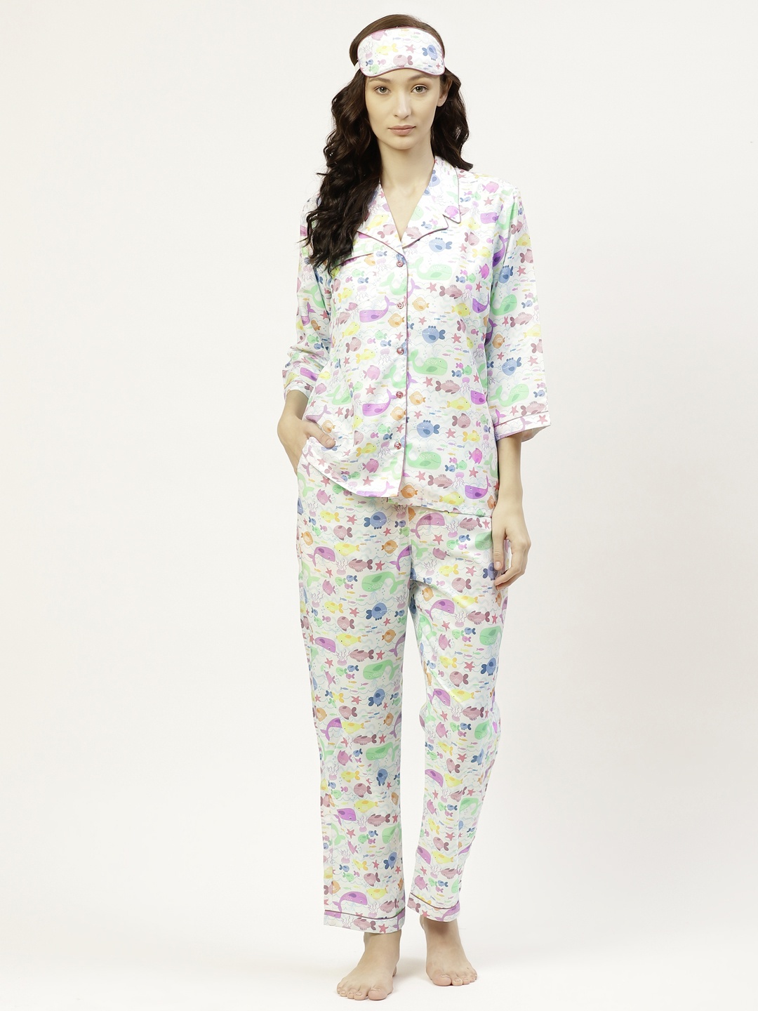 

bedgasm Women White & Blue Printed Night suit