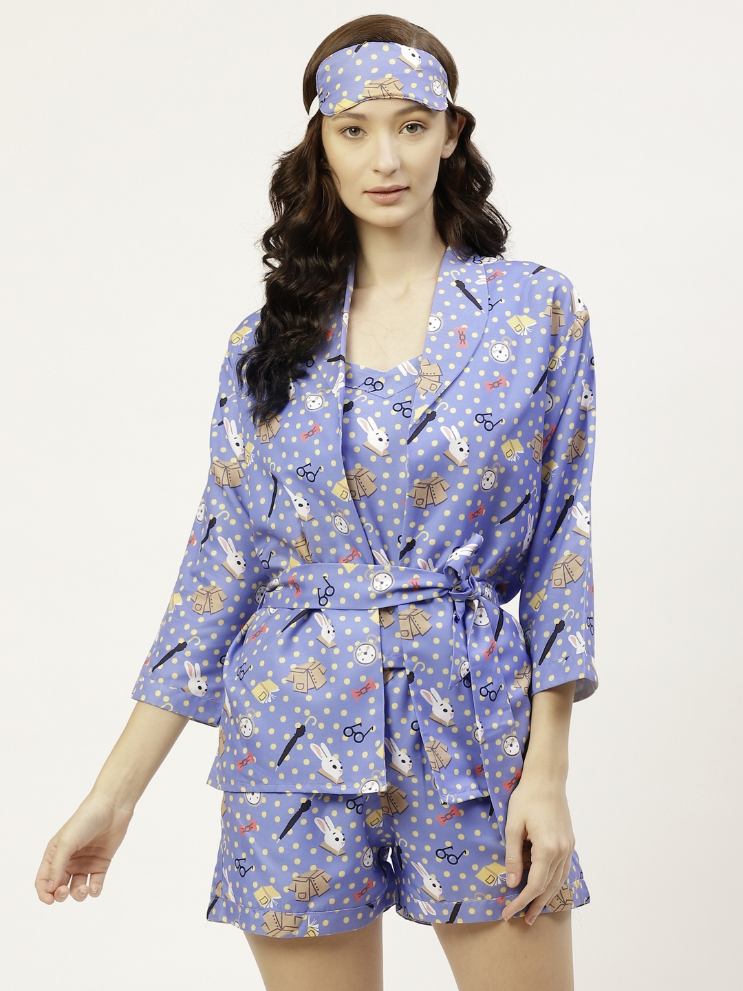 

bedgasm Women Blue & Yellow Printed Night suit With Matching Robe & Eye Mask