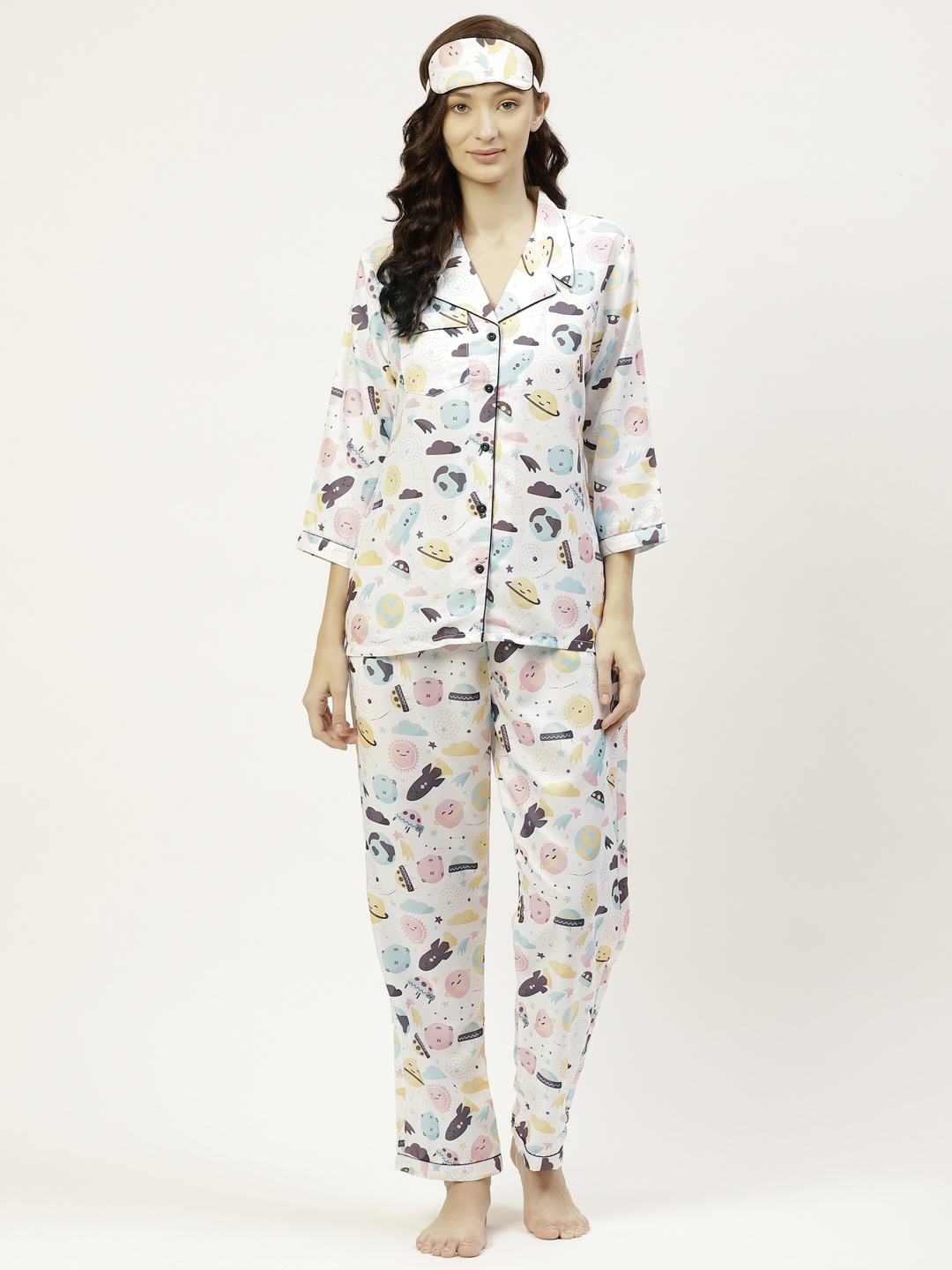 

bedgasm Women White & Blue Printed Night suit