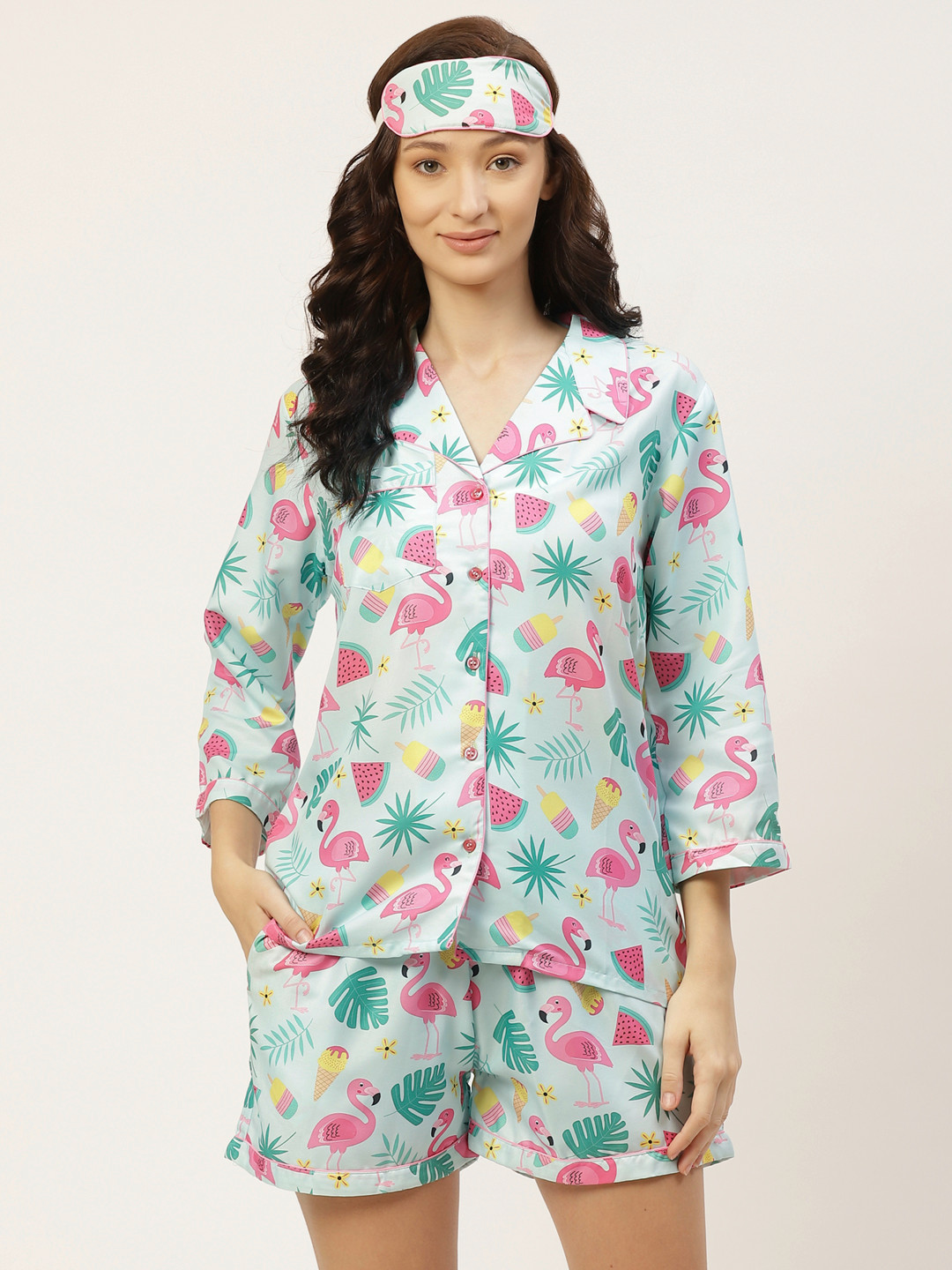

bedgasm Women Turquoise Blue & Pink Printed Night suit
