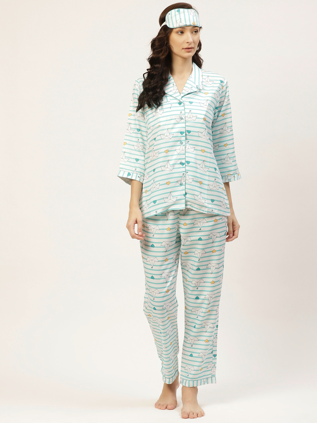 

bedgasm Women White & Green Printed Pyjamas Set