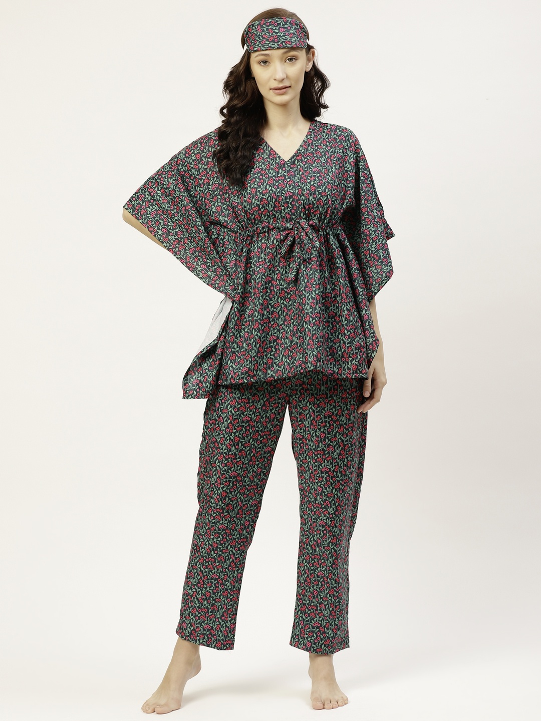 

bedgasm Women Black & Red Floral Printed Pyjama Set with Eyemask