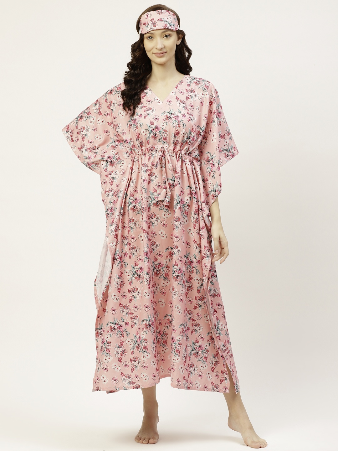 

bedgasm Peach-Coloured & Green Printed Maxi Kaftan Nightdress