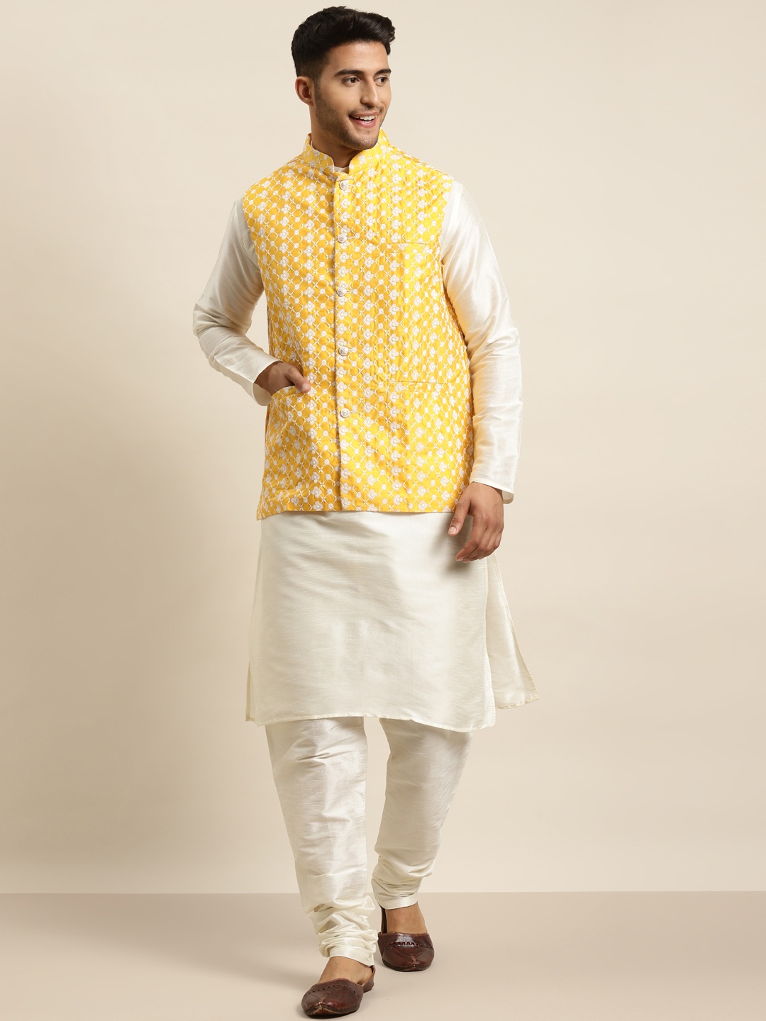 

SOJANYA Men Off White & Mustard Yellow Kurta with Churidar & Embroidered Nehru Jacket