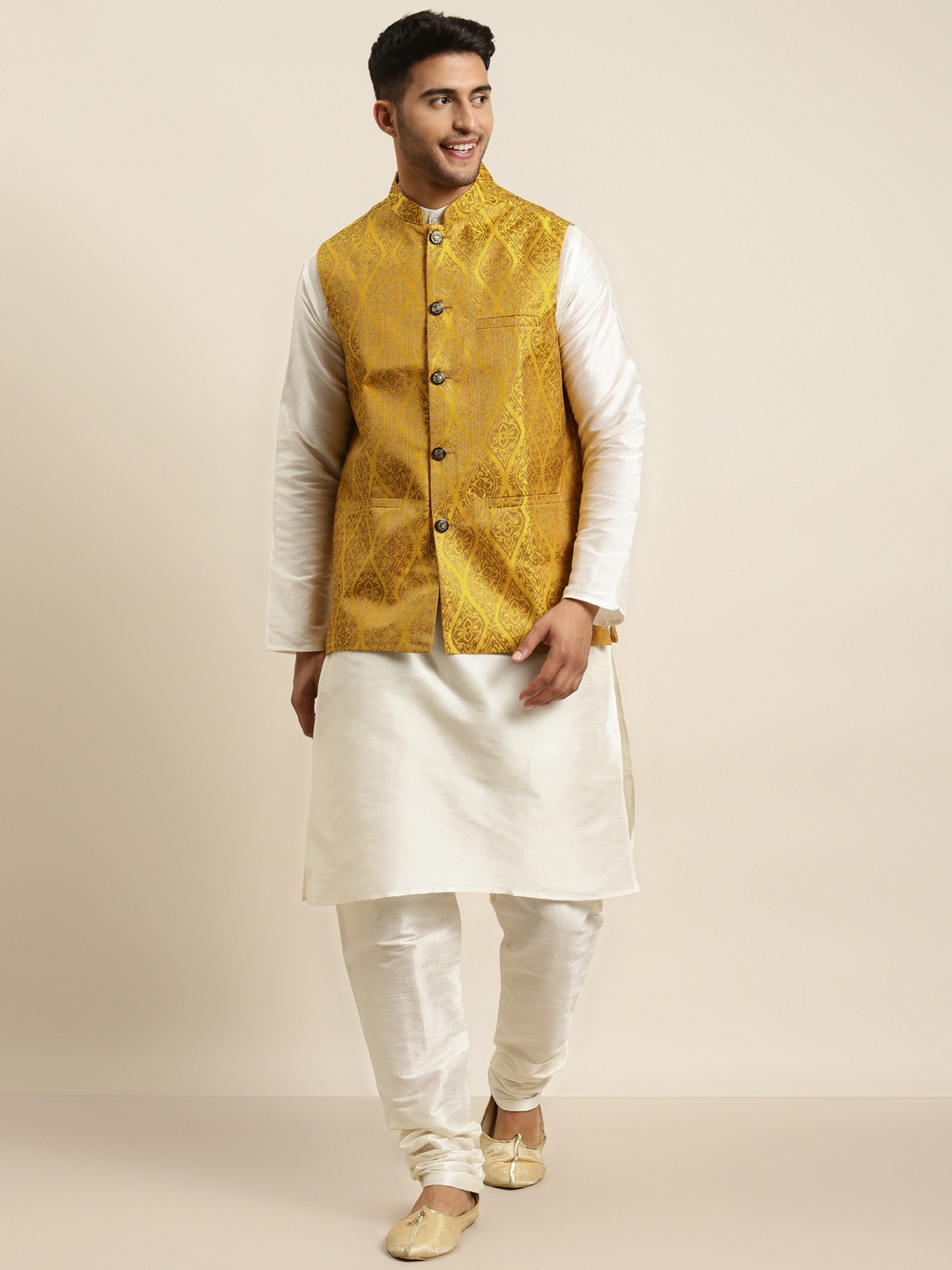

SOJANYA Men Off White & Yellow Jacquard Kurta with Churidar & Woven Design Nehru Jacket