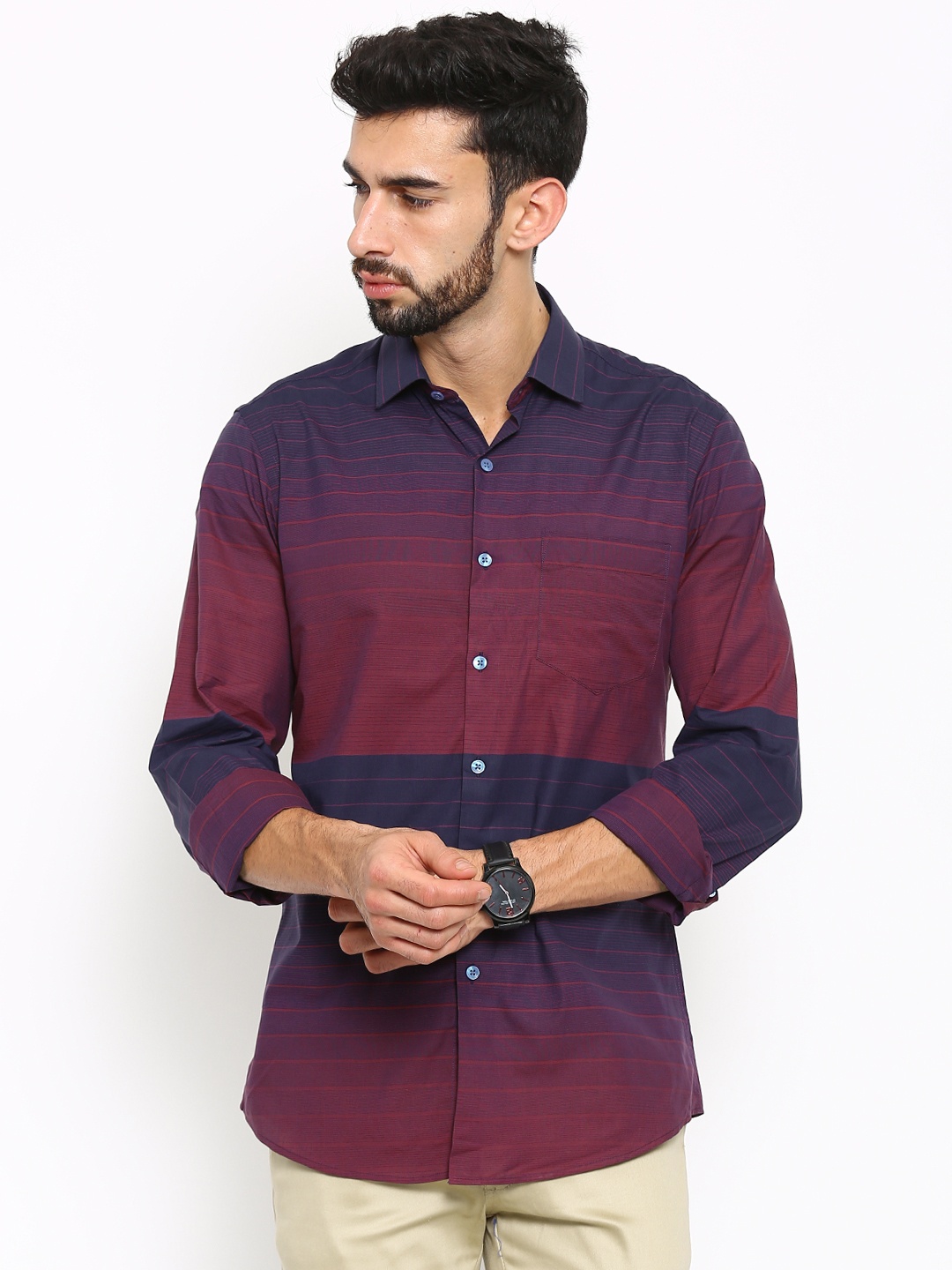

Black coffee Men Maroon Slim Fit Striped Casual Shirt